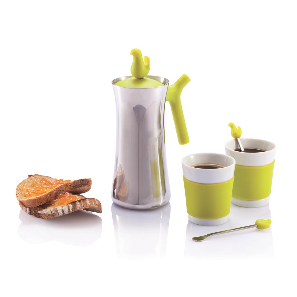 Early bird coffee press with cups, green/silver